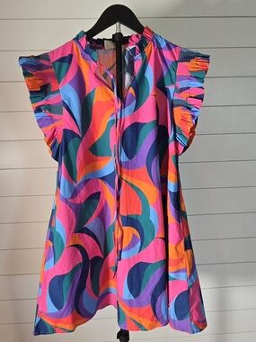 Fun Vibrant Multicolor Swirl Flutter Sleeve Dress Size M